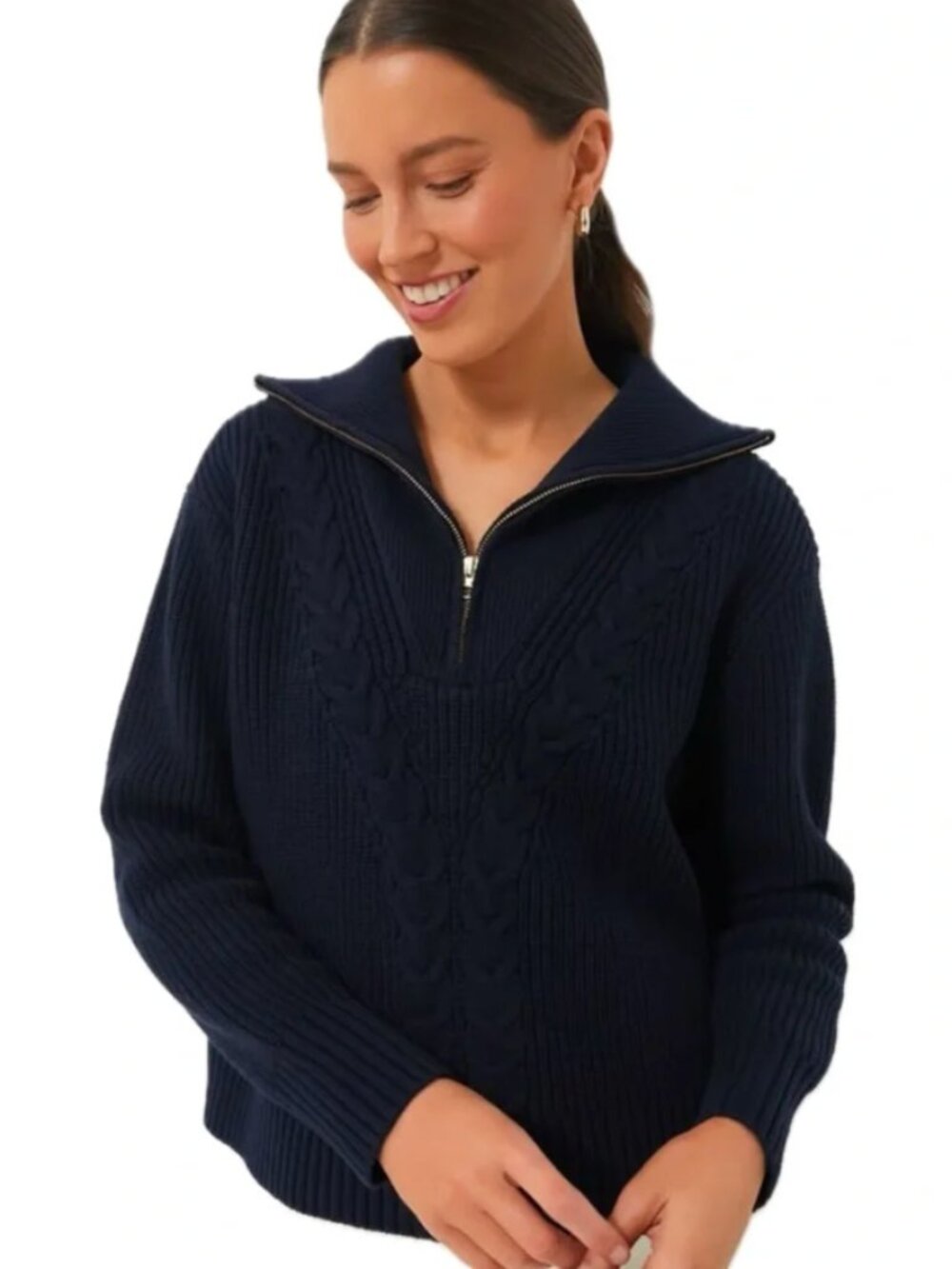 Tuckernuck Estella Navy Blue 1/4 Zip Cabled Cotton Chunky Knit Sweater